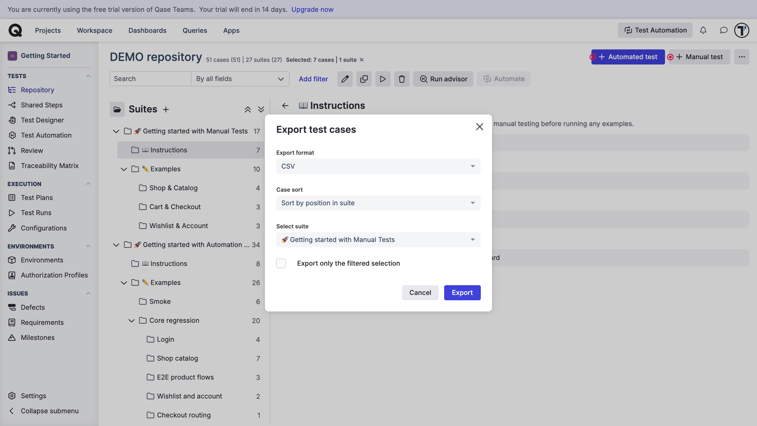 The export option in a Qase project, with CSV selected